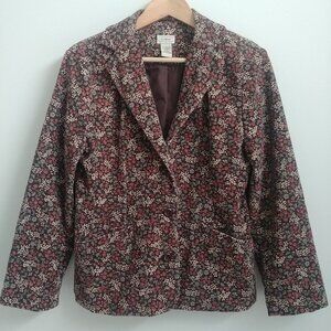 LL Bean brown cotton corduroy blazer jacket with cream pink blue floral …